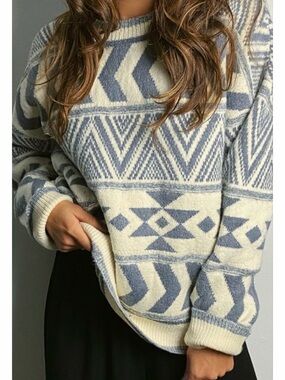 Very J Blue and Cream Geometric Crewneck Sweater